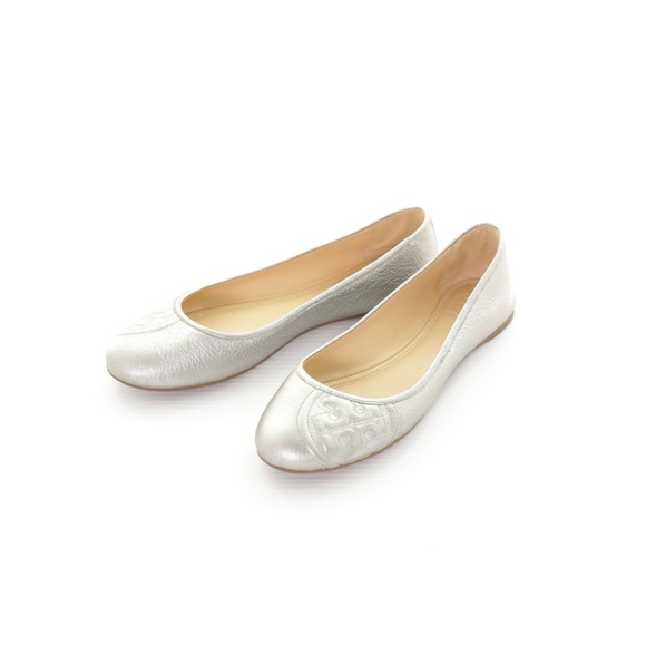Tory Burch Ruby Ballet Flats Silver Metallic Pebbled Leather Slip On Womens 8.5M - Picture 3 of 8